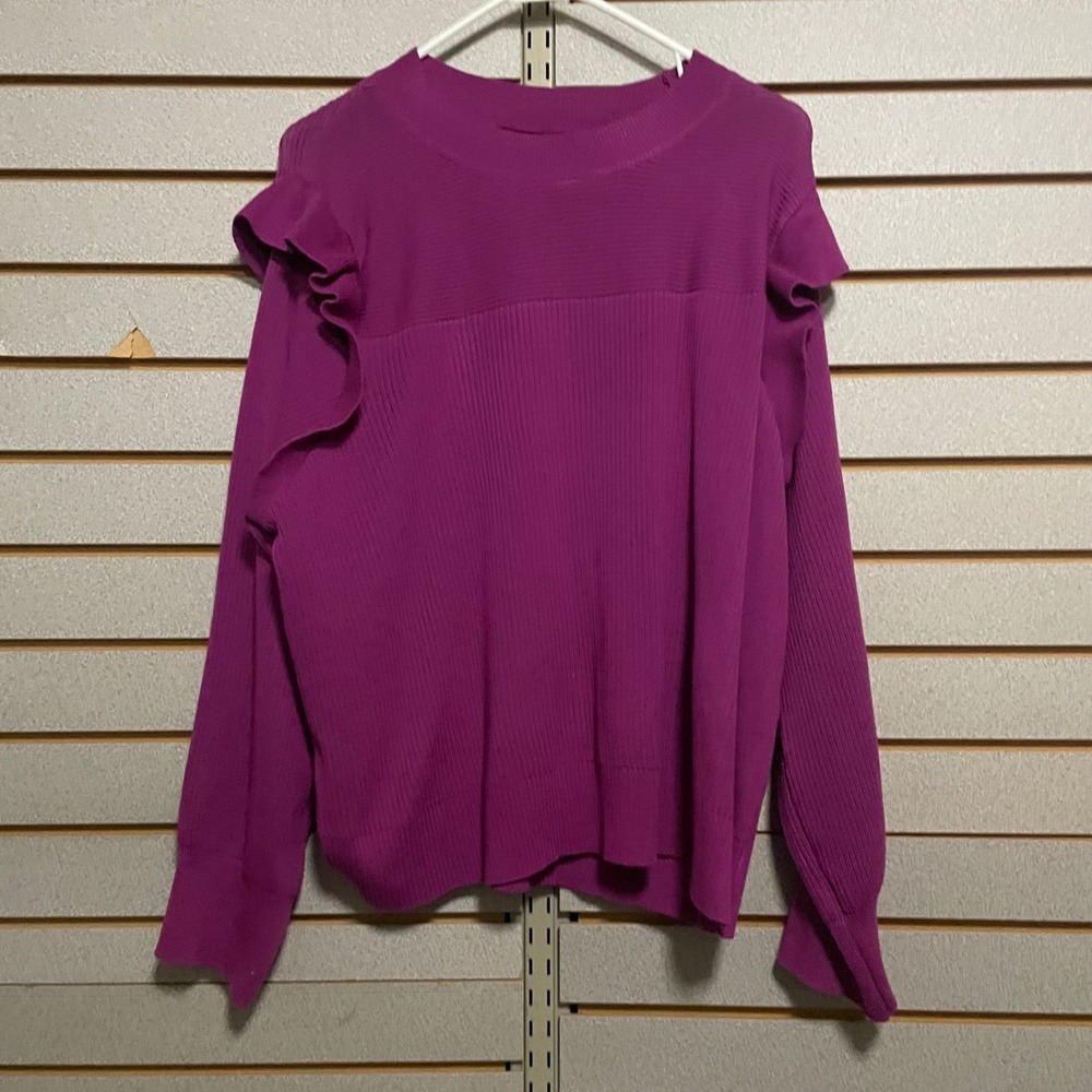 Magenta Plum Ruffle Shoulder Ribbed Knit Long Sleeve Crew Neck Sweater Purple XL